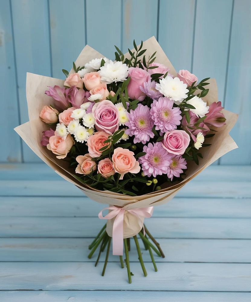 Букет цветов из: Хризантемы, Розы и Альстромерии в Рефтинском