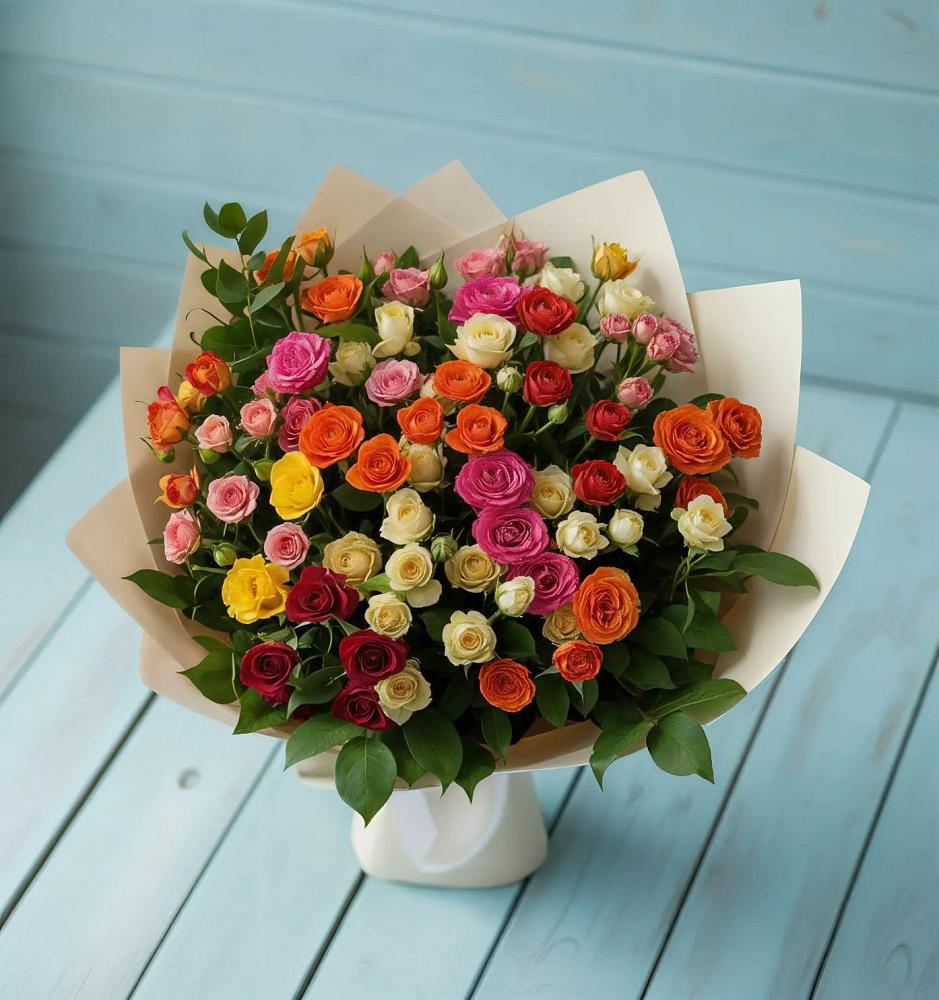 Букет Микс из разноцветных кустовых роз в Рефтинском