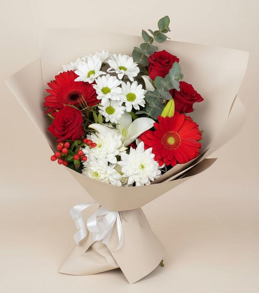 Букет цветов из: Розы, Хризантемы, Герберы и Лилии в Рефтинском