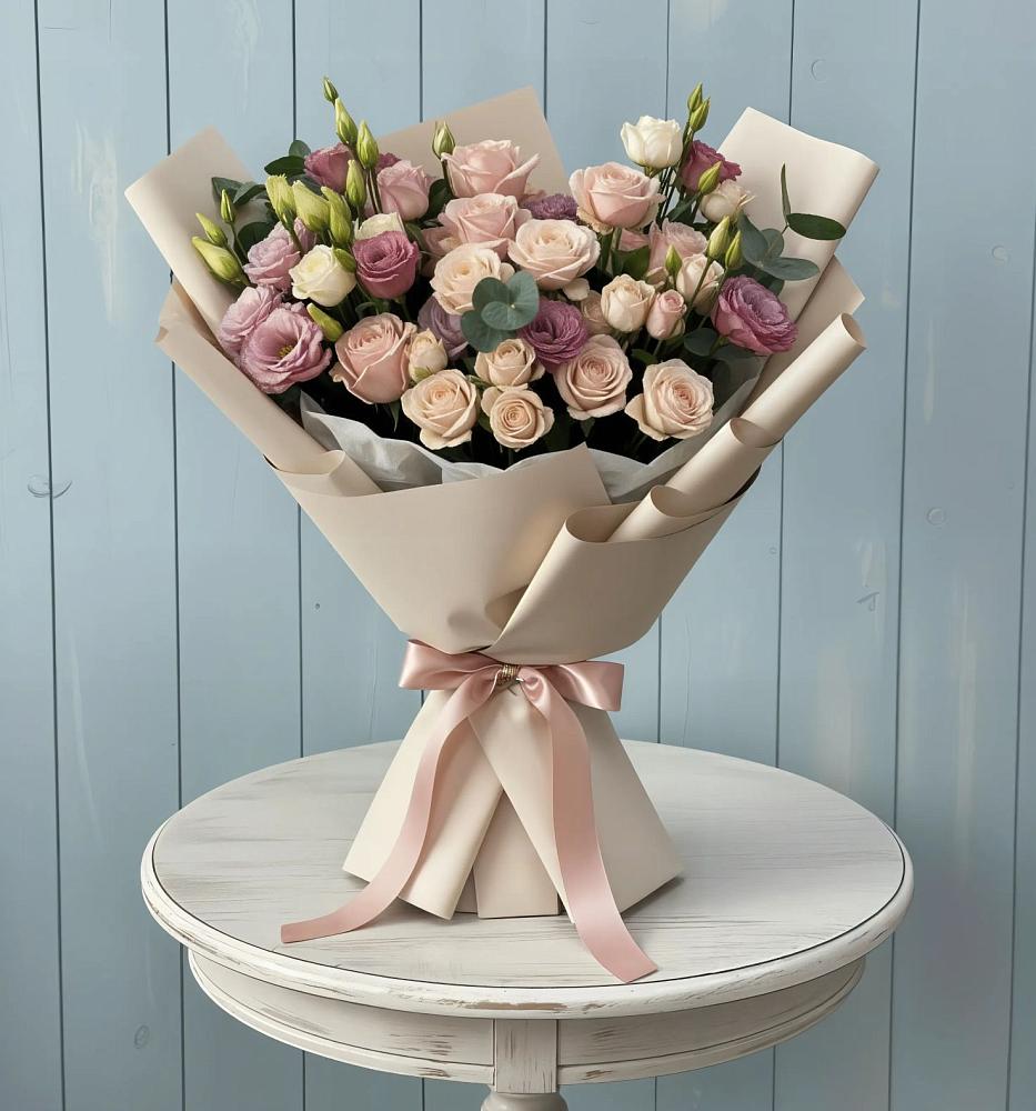 Букет цветов из: Розы и Лизиантусы в Рефтинском