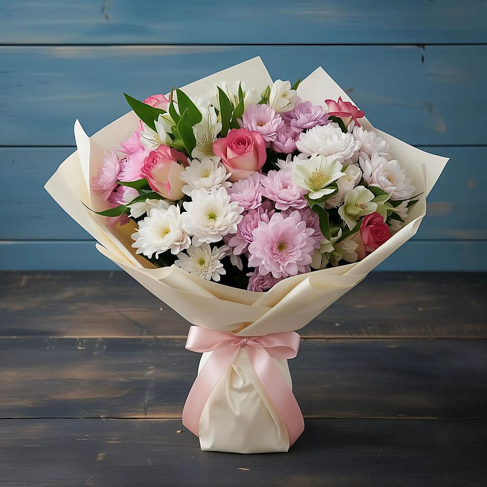 Букет цветов из: Хризантемы, Альстромерии и Розы в Рефтинском